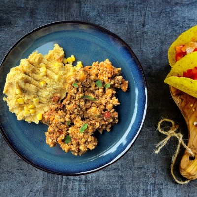 Protein taco kasserolle med kikerter og maispure